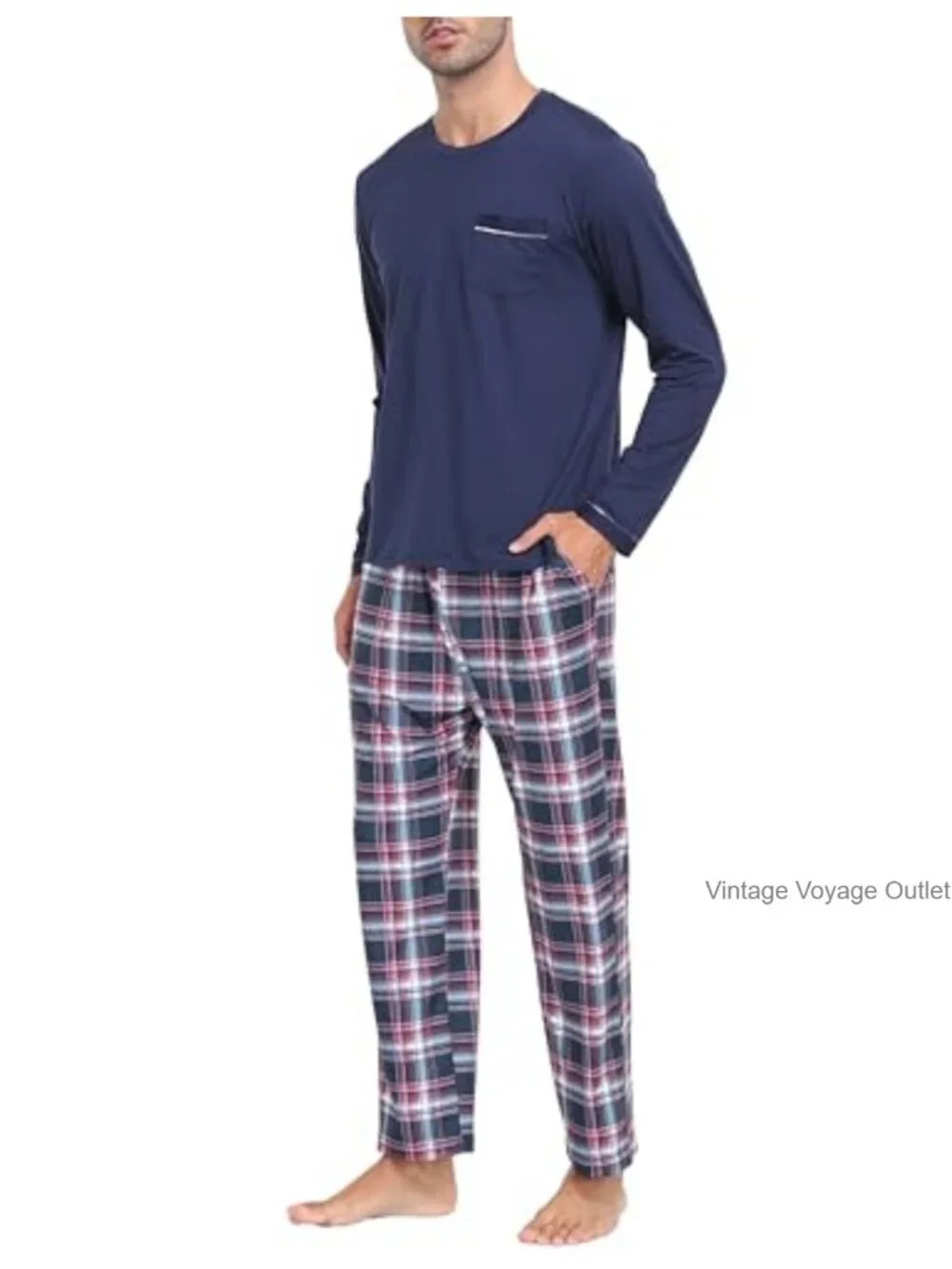 Men's Pajama Plaid Sleepwear Set Long Sleeve Button Down Pajama Set Lounge with